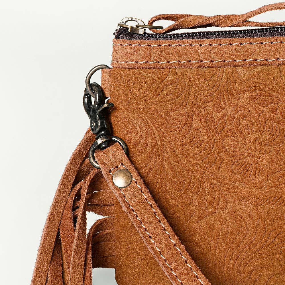 Western Small Cross body Bag Floral Embossed Damascus Genuine Leather