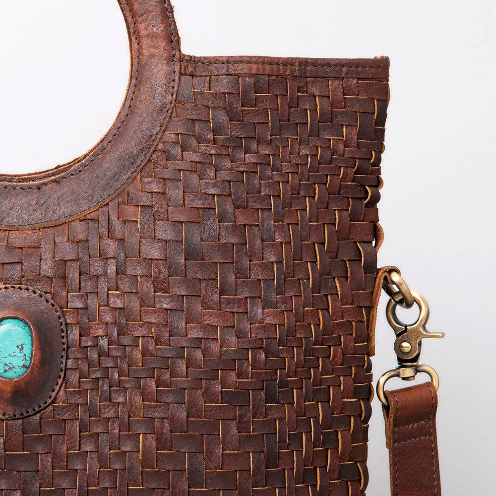 Handwoven Western Leather Tote Bag with Turquoise Stone Accent
