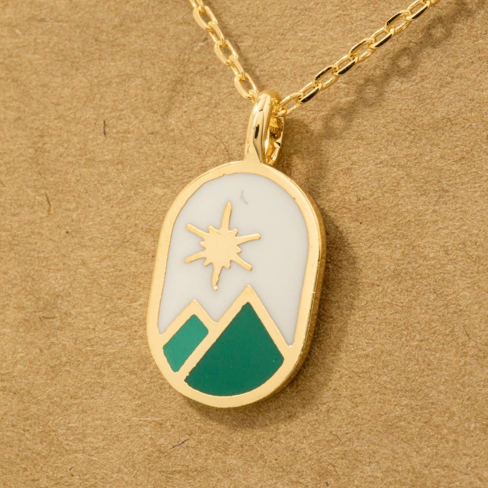 Gold Dipped Oval Mountain Range Coin Charm Necklace