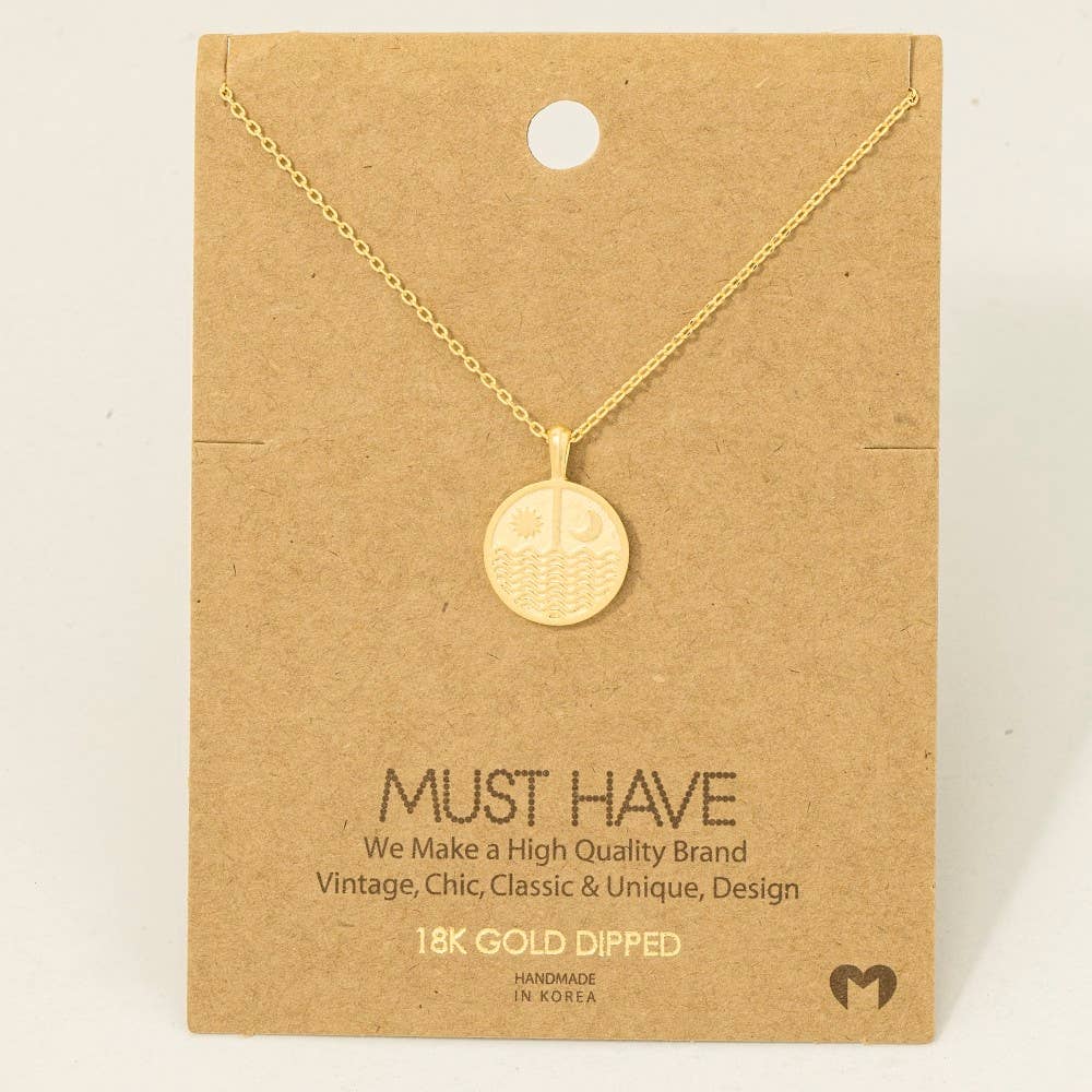 Gold Dipped Sun Moon Round Coin Pendant Necklace