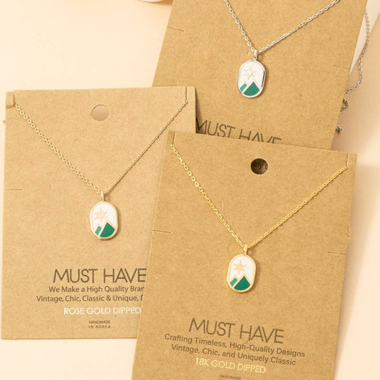 Gold Dipped Oval Mountain Range Coin Charm Necklace