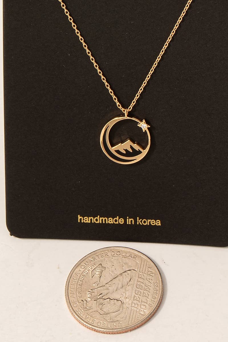 Enamel Moon Mountain And Cz Star Pendant Necklace