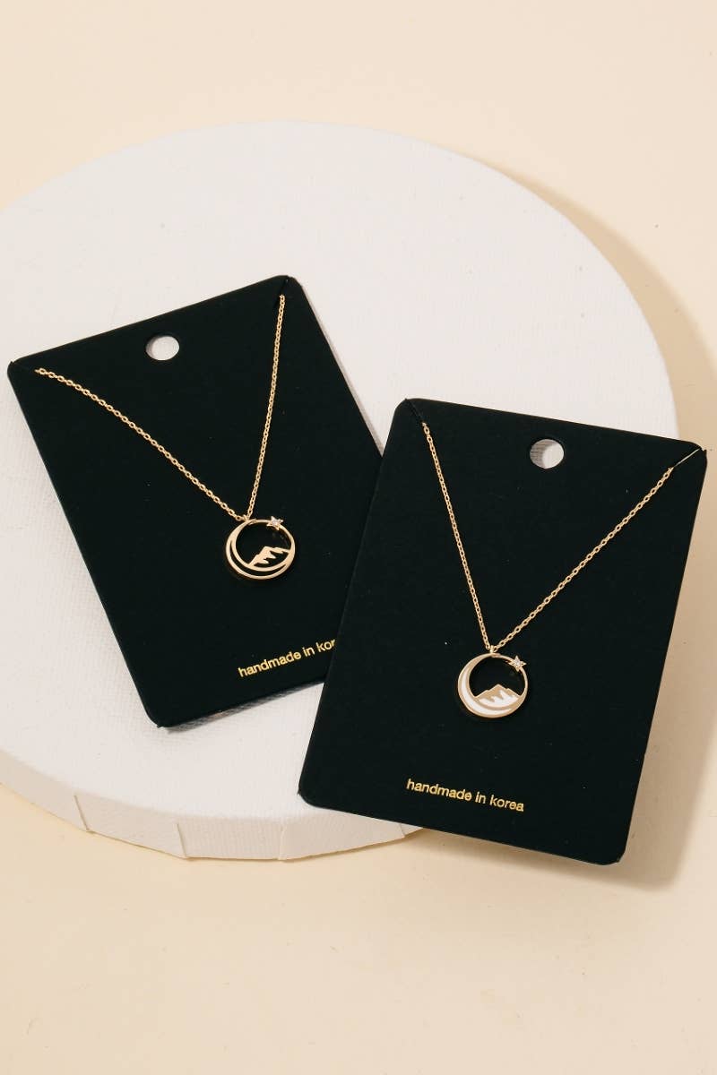 Enamel Moon Mountain And Cz Star Pendant Necklace