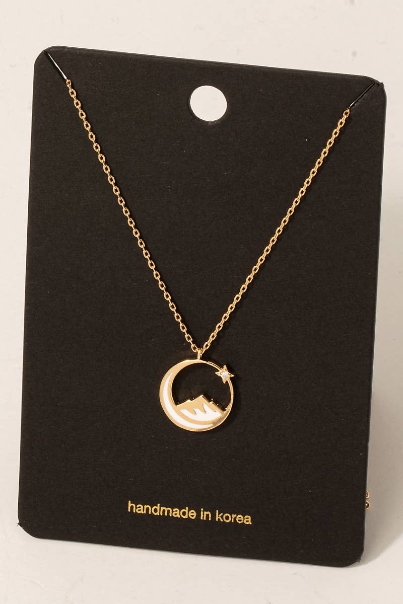 Enamel Moon Mountain And Cz Star Pendant Necklace